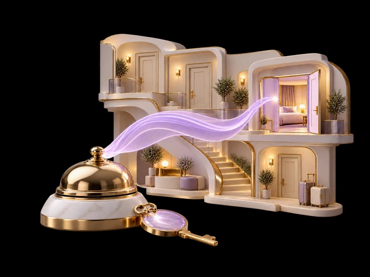 Concept illustration: hotel miniature with a concierge bell, room key and an available guest room.