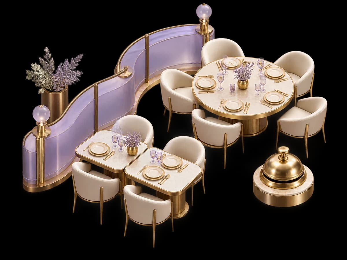 Concept illustration: a bird's-eye sculptural restaurant floor plan, one circular dining table and a pair of smaller tables that can join, ivory chairs, a reservation bell and translucent lavender seating arc, elegant architectural miniature.