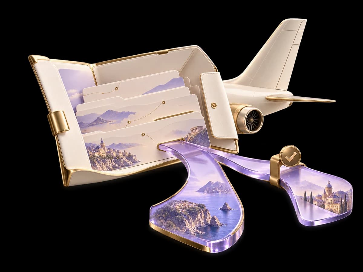 Concept illustration: an open sculptural travel itinerary folder beside an ivory aircraft tail model, two branching lilac glass paths with one held by a small metal approval clasp, three-dimensional editorial still life.