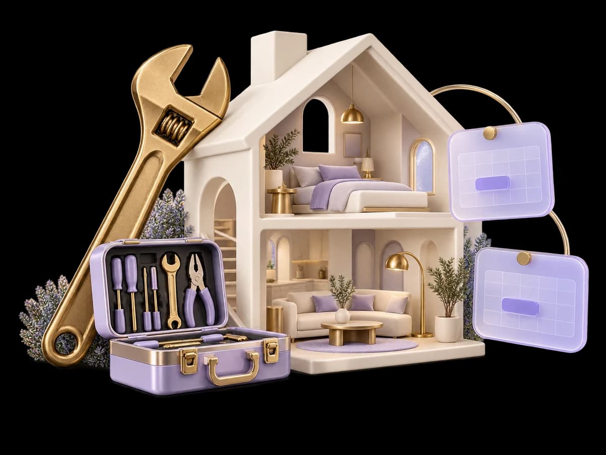 Concept illustration: an ivory house cutaway with a brass wrench, technician tool case and two distinct lavender glass appointment windows, asymmetrical editorial product sculpture.