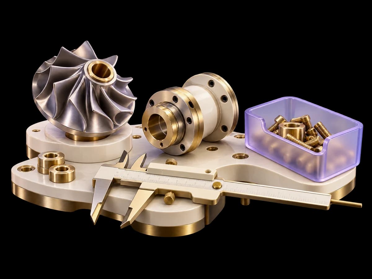 Concept illustration: a sophisticated industrial workbench with three clearly different unbranded mechanical components, an ivory vernier gauge and a lavender translucent quantity tray, precision manufacturing miniature.