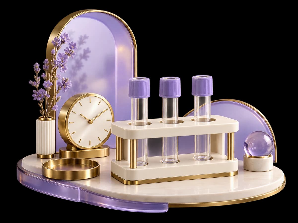 Concept illustration: a pristine diagnostic-lab sample collection workstation, three empty capped sample tubes in ivory rack, a small clock and lilac glass appointment arch, no fluids, no needles, no people.