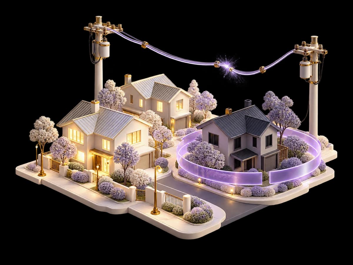 Concept illustration: an ivory neighbourhood miniature with one lit building, one dark building, a sculptural utility cable and lilac glass incident ring around only the affected block.