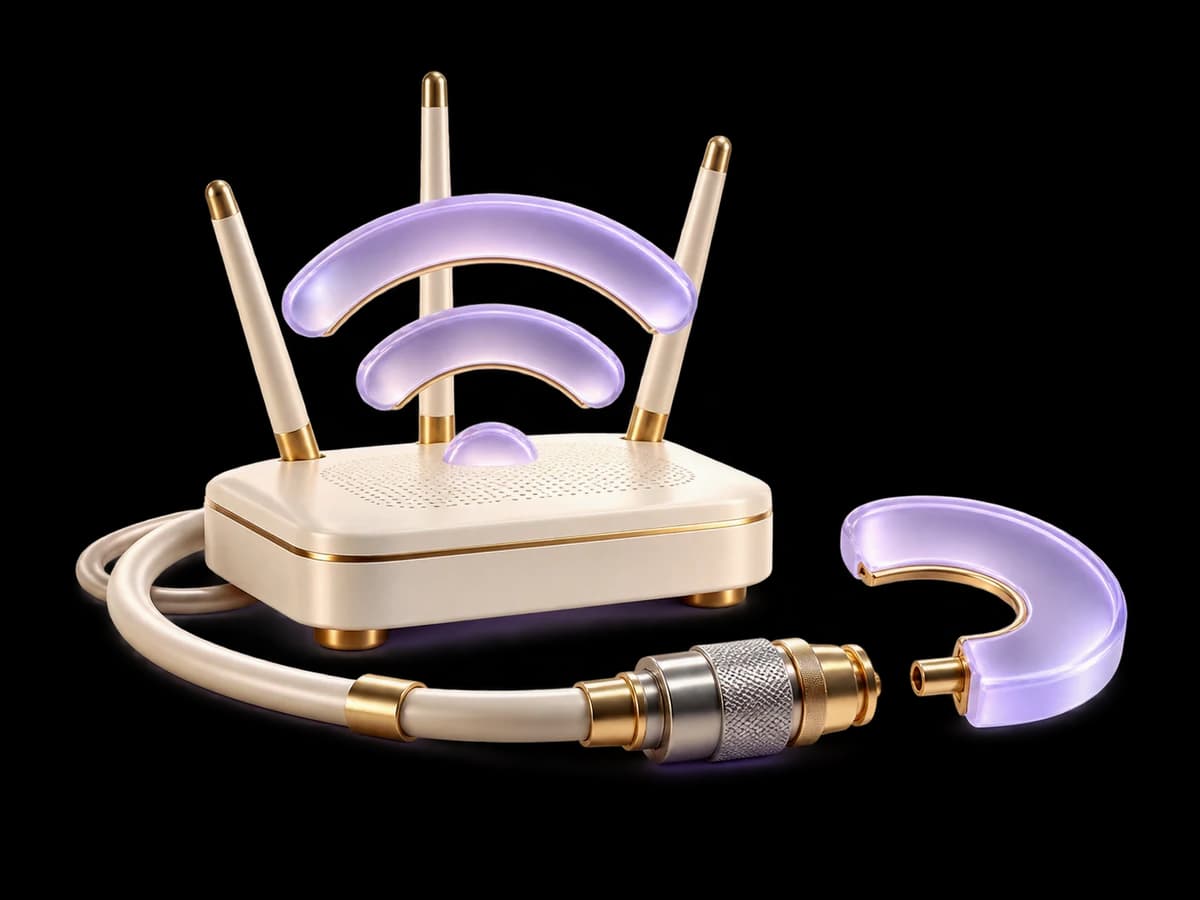 Concept illustration: an elegant telecom network miniature with an ivory home router, metal cable connector and three separate frosted lilac signal rings, one ring disconnected for fault diagnosis.