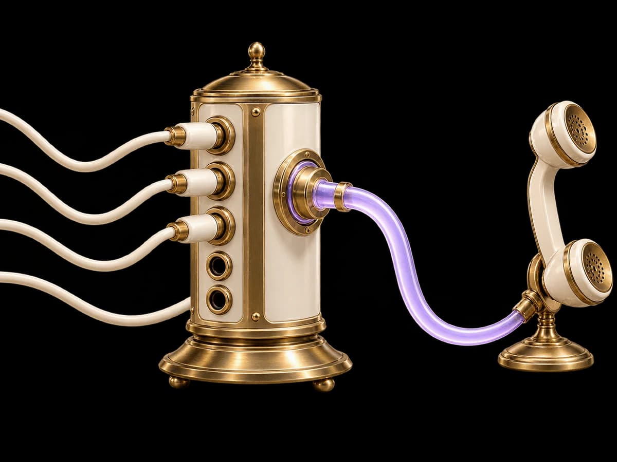 Concept illustration: a brass call-routing switch with multiple slender ivory input cables, three occupied sockets and a lavender overflow channel leading to a separate ivory receiver, ordered composition.