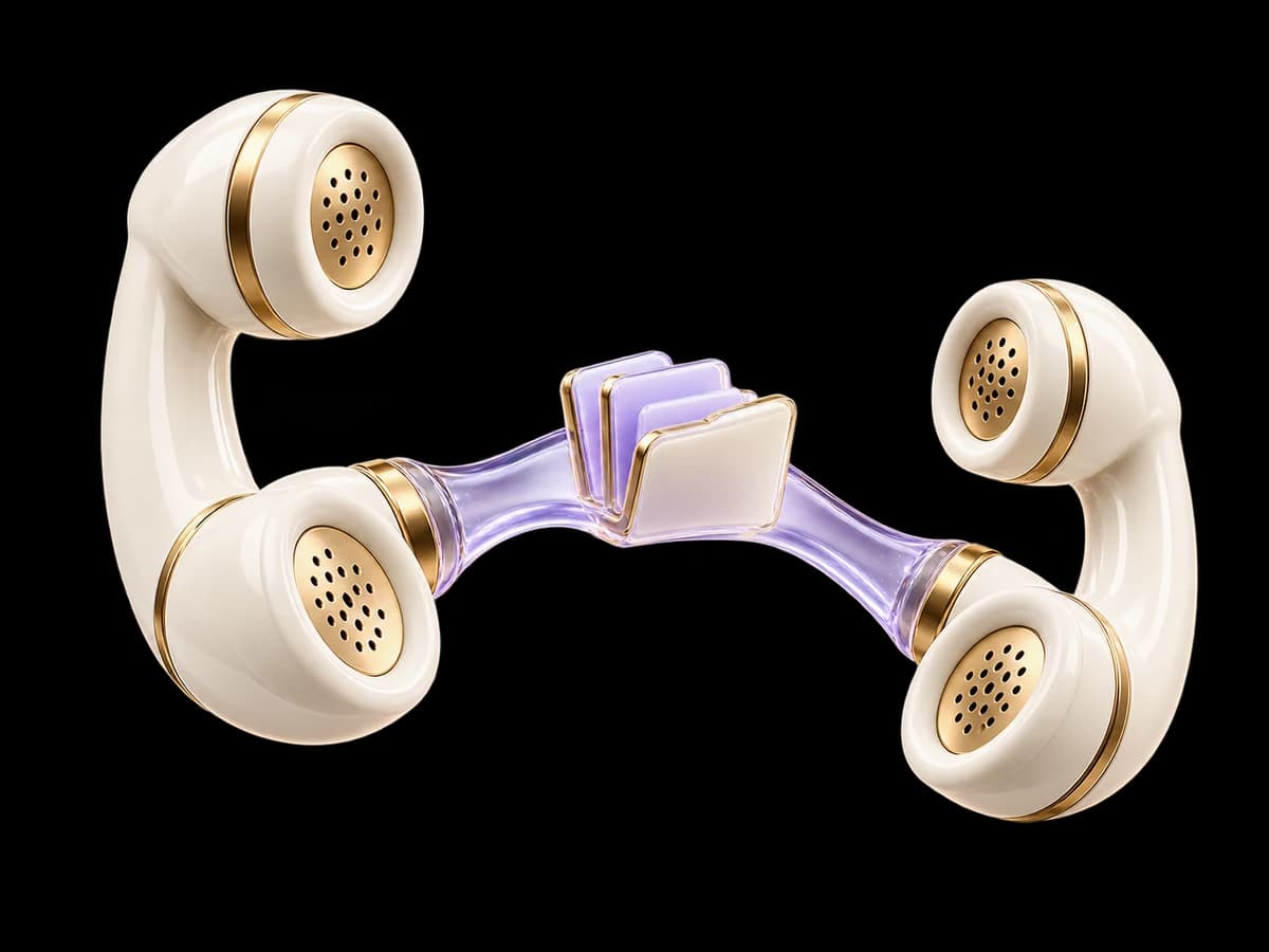 Concept illustration: two sophisticated ivory telephone receivers facing each other with a short lavender glass bridge and a small context folder on the bridge, human handoff concept without hands or people.