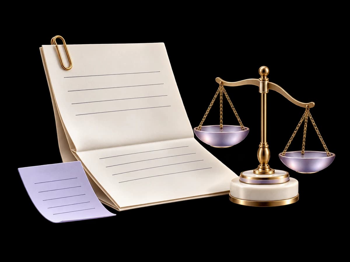 Concept illustration: a folded ivory invoice document with only blank ruled lines, a brass paperclip, a separate small lavender credit-note slip and a careful balancing scale, no currency symbols or text.