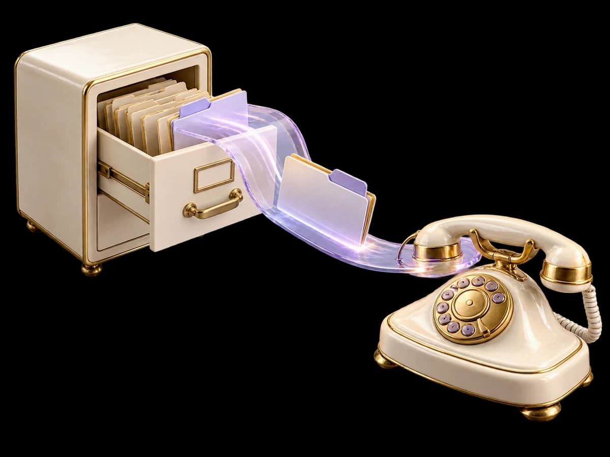 Concept illustration: an archival ivory file drawer gently open, one selected folder moving along a lavender glass path toward a polished telephone, older folders remain respectfully untouched.
