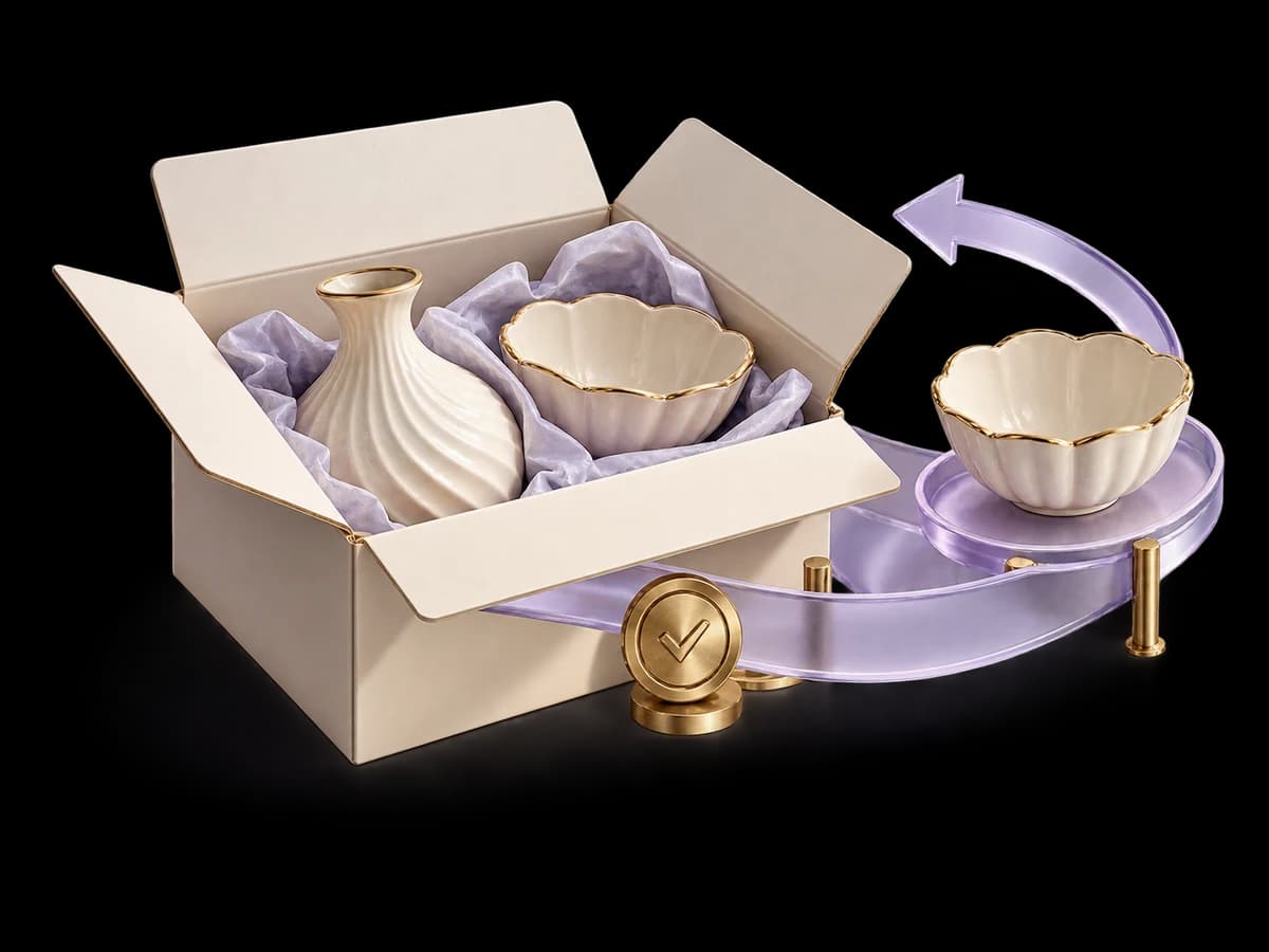 Concept illustration: an open ivory shipping carton containing two distinct ceramic product pieces, one item selected on a lilac glass return path and a small brass inspection seal, no logos.