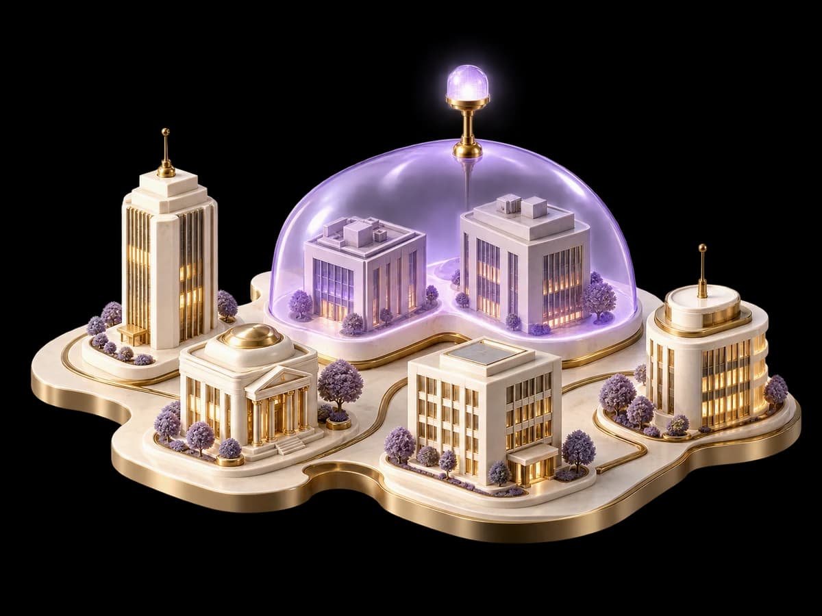 Concept illustration: an architectural miniature of six ivory buildings with a translucent lavender notification canopy covering only two affected buildings, a precise brass incident beacon.