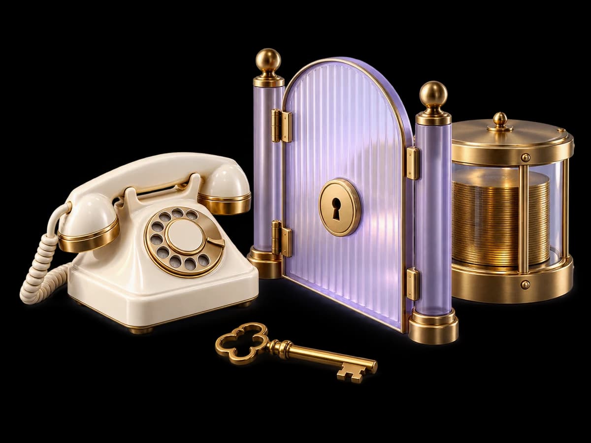 Concept illustration: a frosted lilac access gate separating an ivory telephone from a sealed brass record cylinder, an unmarked physical key beside the gate, caller verification concept.