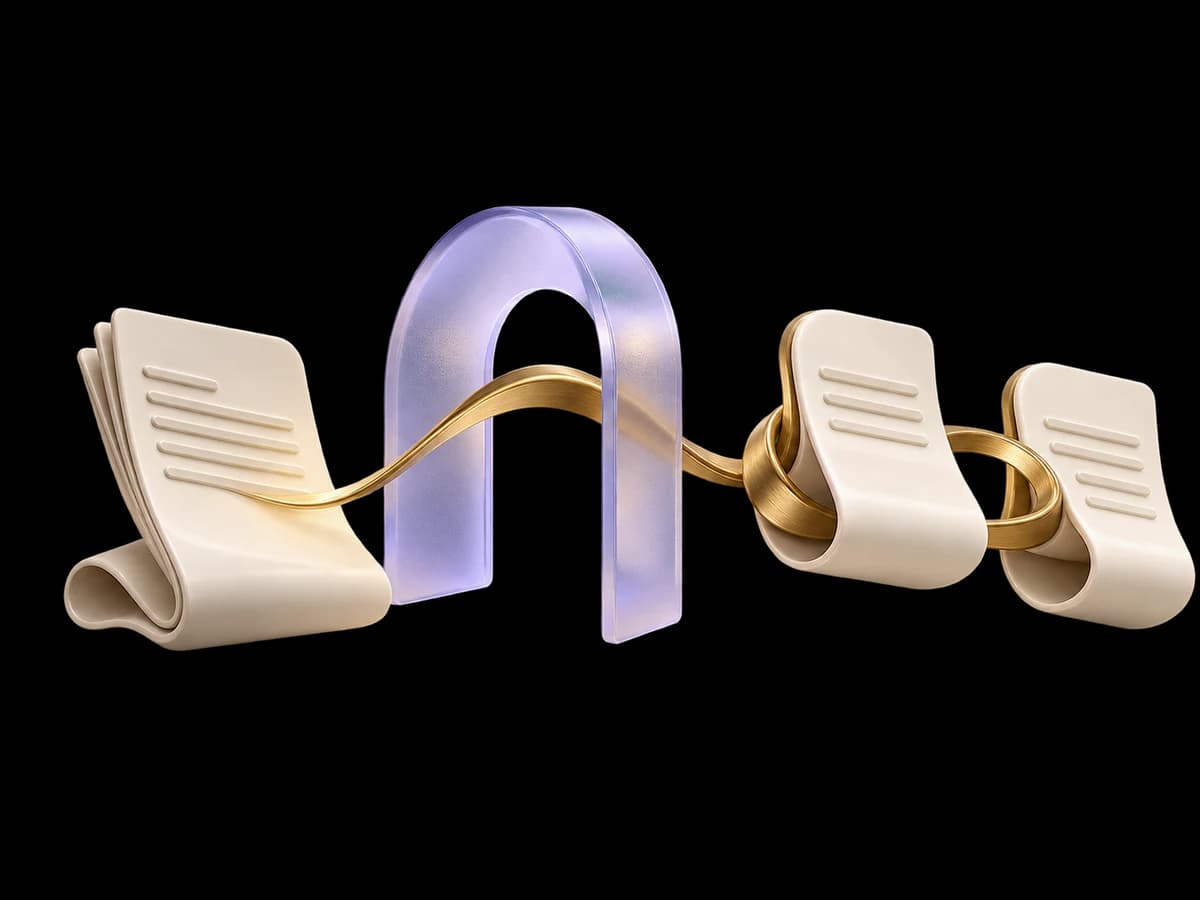 Concept illustration: an ivory folded record transforming through a frosted lilac conversion arch into two linked record sculptures, a continuous brass identity thread survives the transformation.