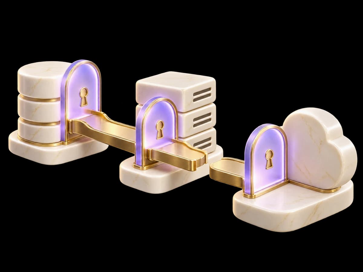 Concept illustration: three ivory data blocks behind distinct lilac permission gates, one brass operation bridge completed and a second halted with an empty gap, partial transaction concept.