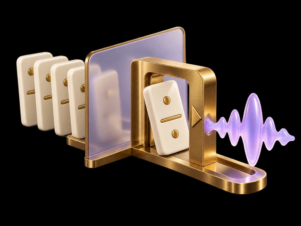 Concept illustration: an elegant ivory event domino enters a brass one-way gate, one lilac voice waveform emerges while duplicate dominoes remain behind a divider, prevent trigger-loop concept.