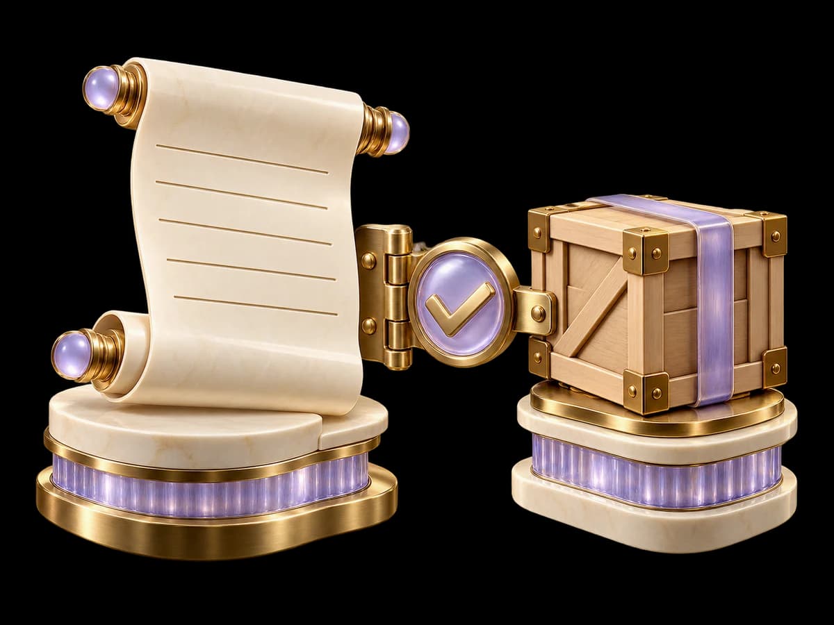 Concept illustration: an ivory workshop quotation scroll with blank ruled lines beside a miniature order crate, a brass approval hinge between them, two separated company plinths, ERP authority concept.