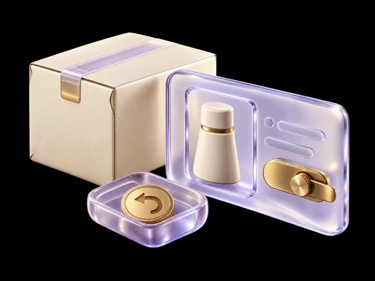 Concept illustration: an ivory shipping carton beside a lilac glass editing frame holding a single product variant and a brass commit latch, a separate small refund-token tray, order edit concept.