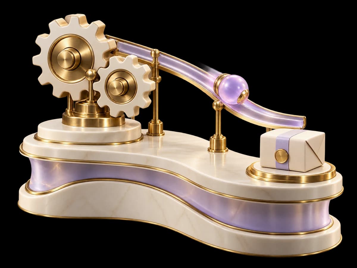 Concept illustration: a premium ivory store counter with two interlocking plugin gears, a lilac payment bead arriving on a delayed curved rail toward a small order parcel, payment-race concept.