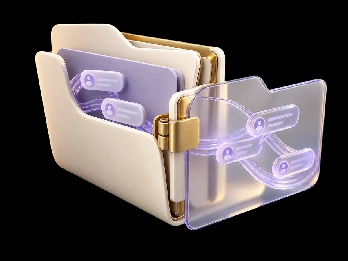 Concept illustration: an ivory support folder with a small opaque inner sleeve and a separate transparent public sleeve, brass access hinge, lilac glass conversation thread, comment visibility concept.