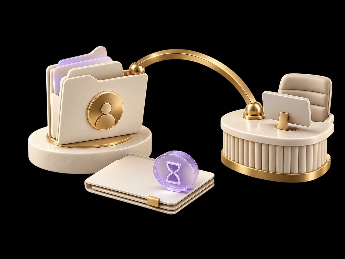 Concept illustration: an ivory support case folder linked by a brass ownership bridge to a single receiving desk, a distinct lilac pending marker beside a closed neutral folder, ticket ownership concept.