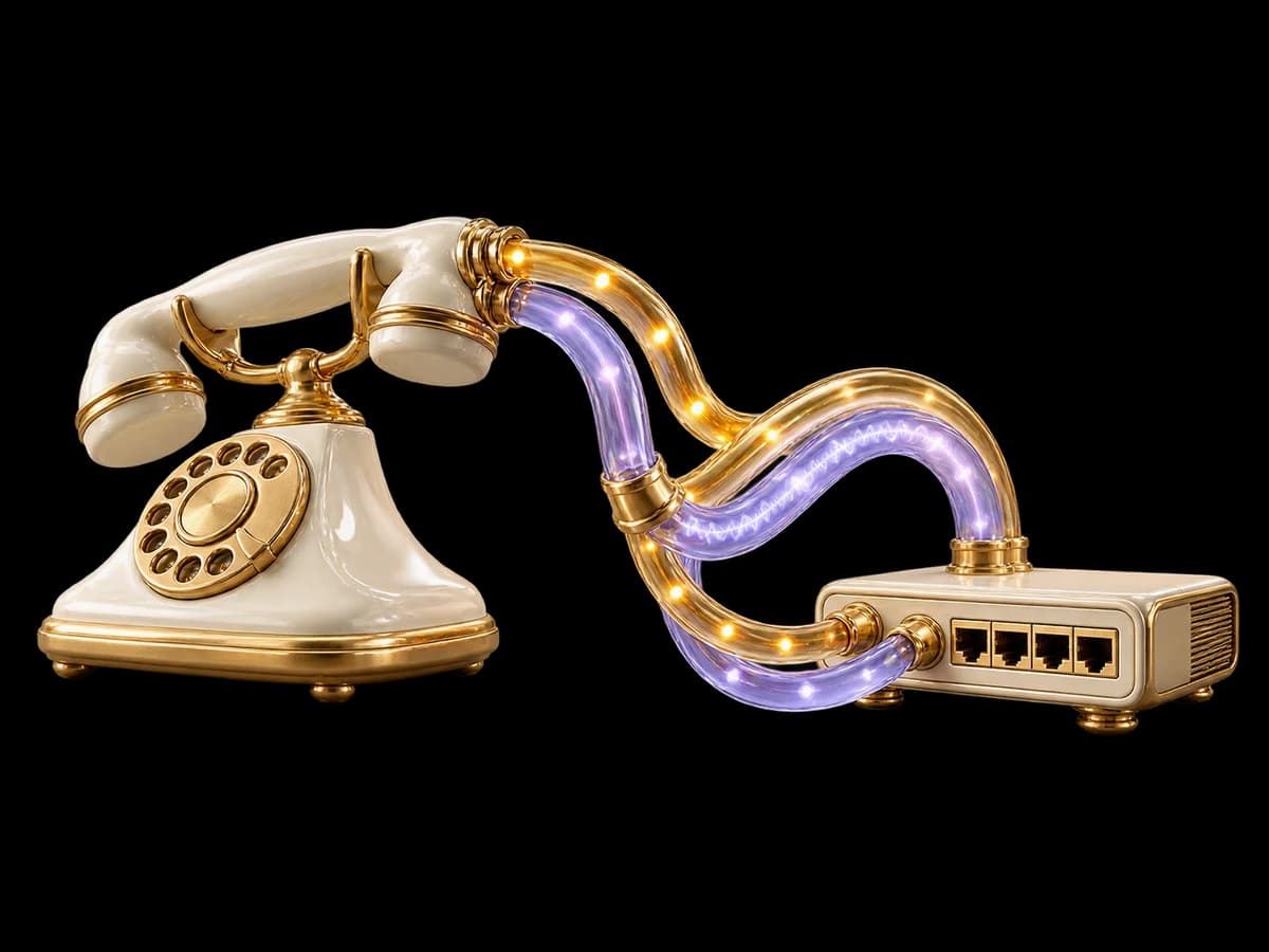 Concept illustration: two interlaced but separate brass and lilac glass conduits connecting an ivory telephone and a miniature network switch, distinct signalling and audio paths.