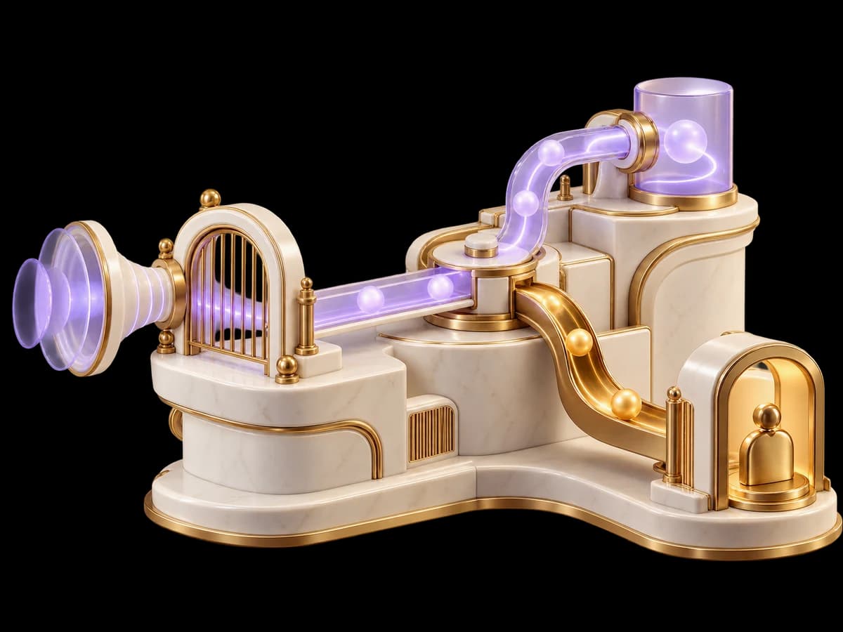 Concept illustration: an ivory miniature switchboard with a bounded entry gate, one lilac voice route and a separate brass human-exit route that visibly never loops back, PBX routing concept.