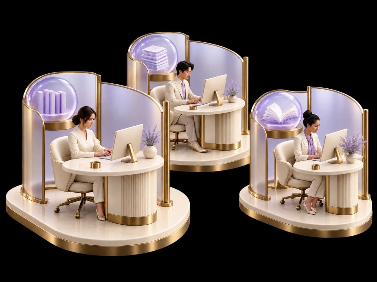 Concept illustration: three separate ivory service desks on distinct small plinths with different lavender glass knowledge capsules, neat metal separators between each client's space, BPO tenant isolation concept.