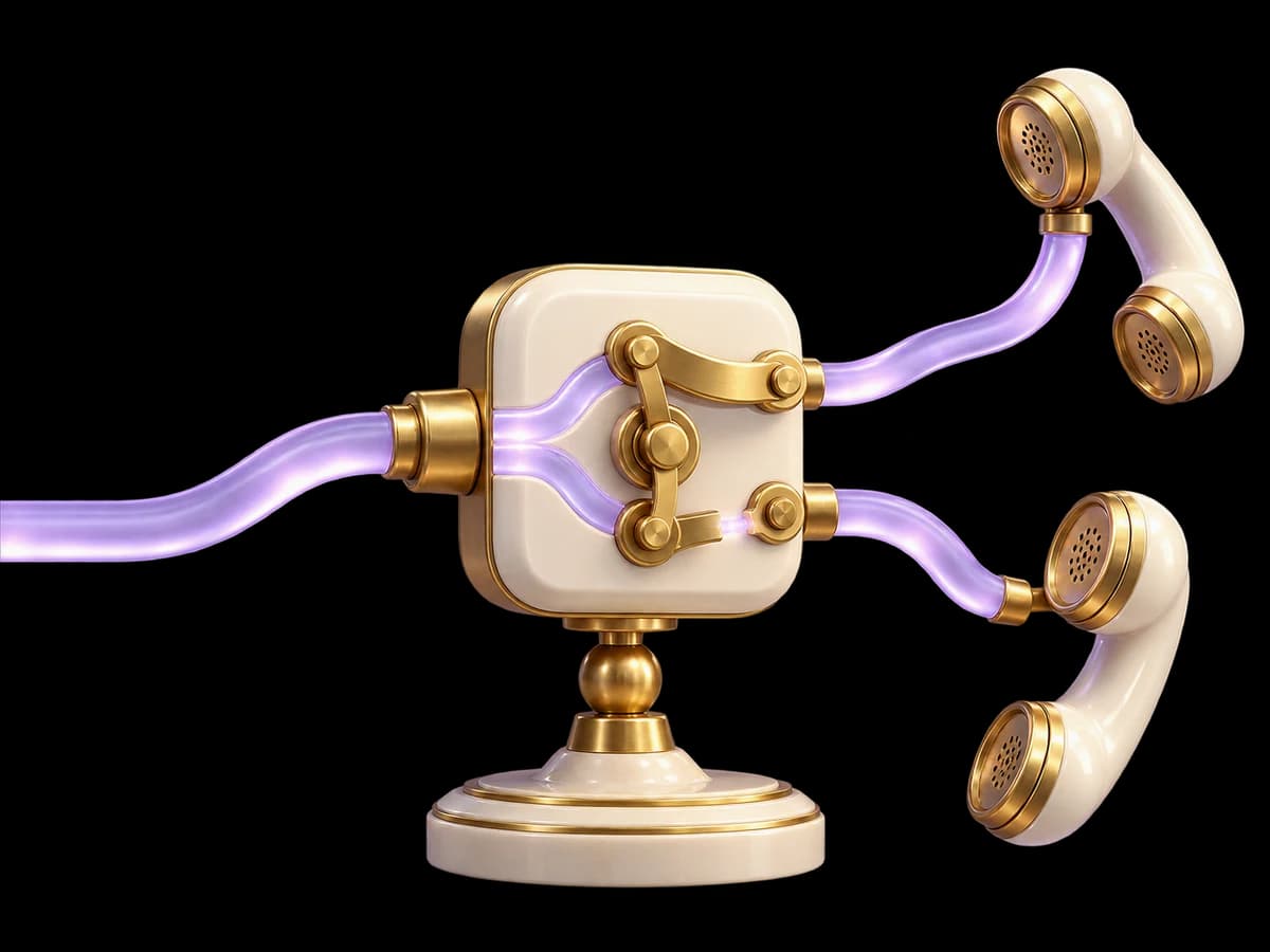 Concept illustration: an ivory phone-number routing switch with a branching lilac call path to two telephone receivers, one brass connection bridge closed and one open, call-leg reconciliation concept.