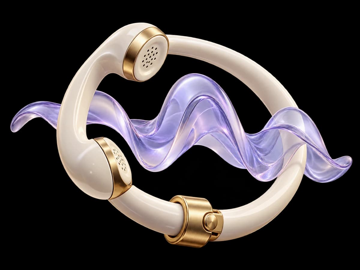 Concept illustration: an ivory telephone loop enclosing a separate flowing lilac glass audio ribbon, a brass session clasp holds the call loop independently of the ribbon, call versus stream concept.