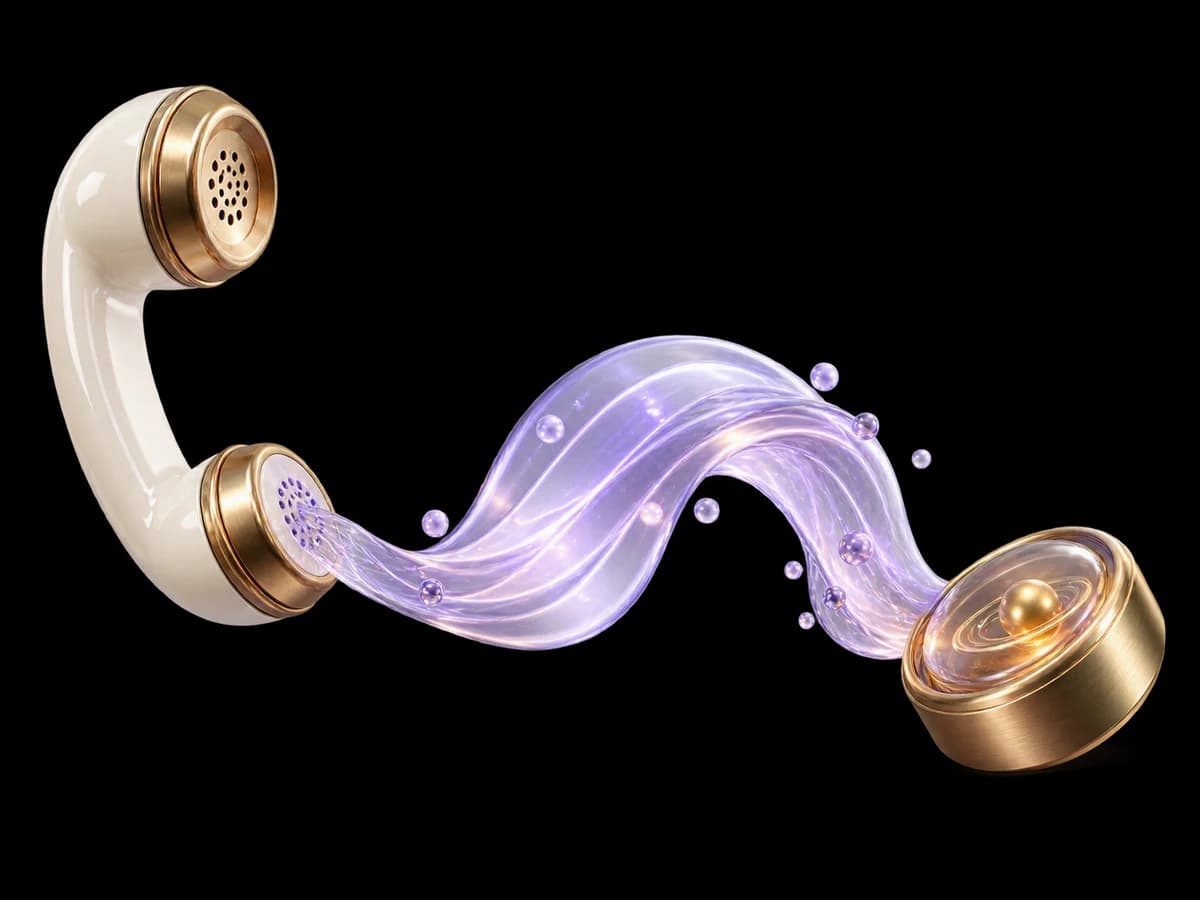 Concept illustration: an ivory telephone receiver beside a lilac transparent streaming conduit and a separate brass transaction capsule resting safely after the conduit ends, pending business action concept.