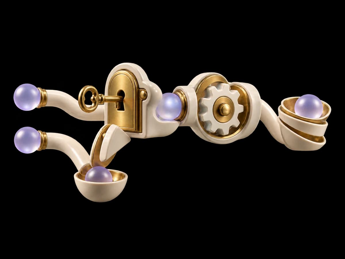 Concept illustration: a premium sculptural chain of four ivory workflow mechanisms, a brass unique-key gate admits only one of two identical lilac event beads, no logos, durable event ownership.