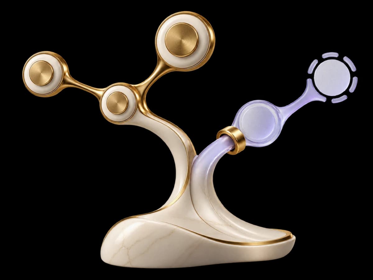 Concept illustration: an ivory automation branching sculpture with one completed brass task bridge and one unfinished lilac notification bridge, a small recovery clasp touches only the unfinished branch.