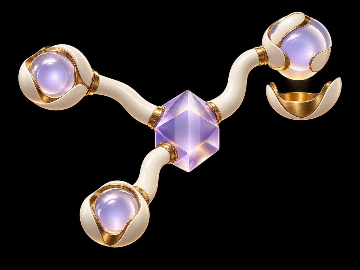 Concept illustration: three ivory workflow branches extending from a central lilac glass event prism, two branches complete and one suspended above a brass recovery cradle, partial completion concept.