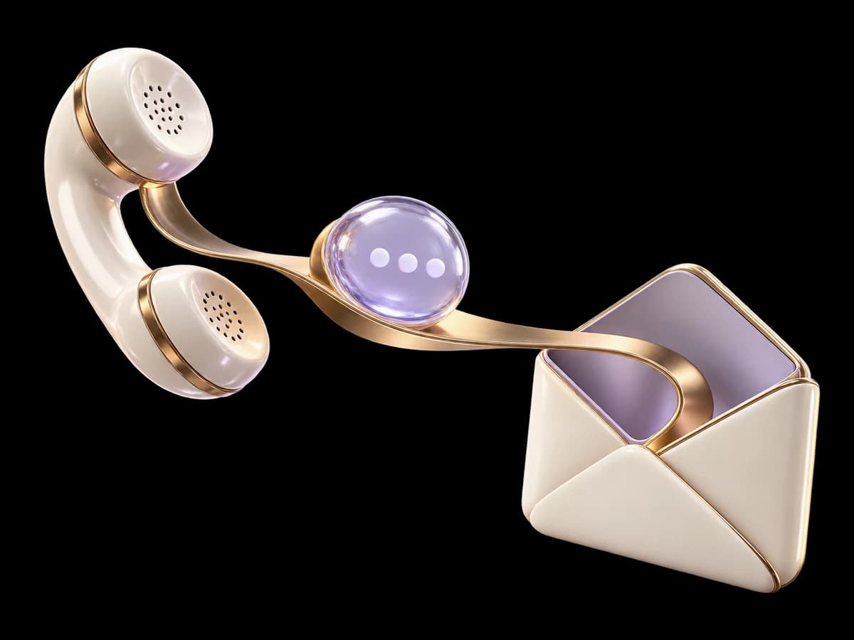 Concept illustration: an ivory telephone receiver passing a small lavender glass conversation capsule into a simple unbranded chat envelope sculpture, one continuous curved brass path, no app logos.