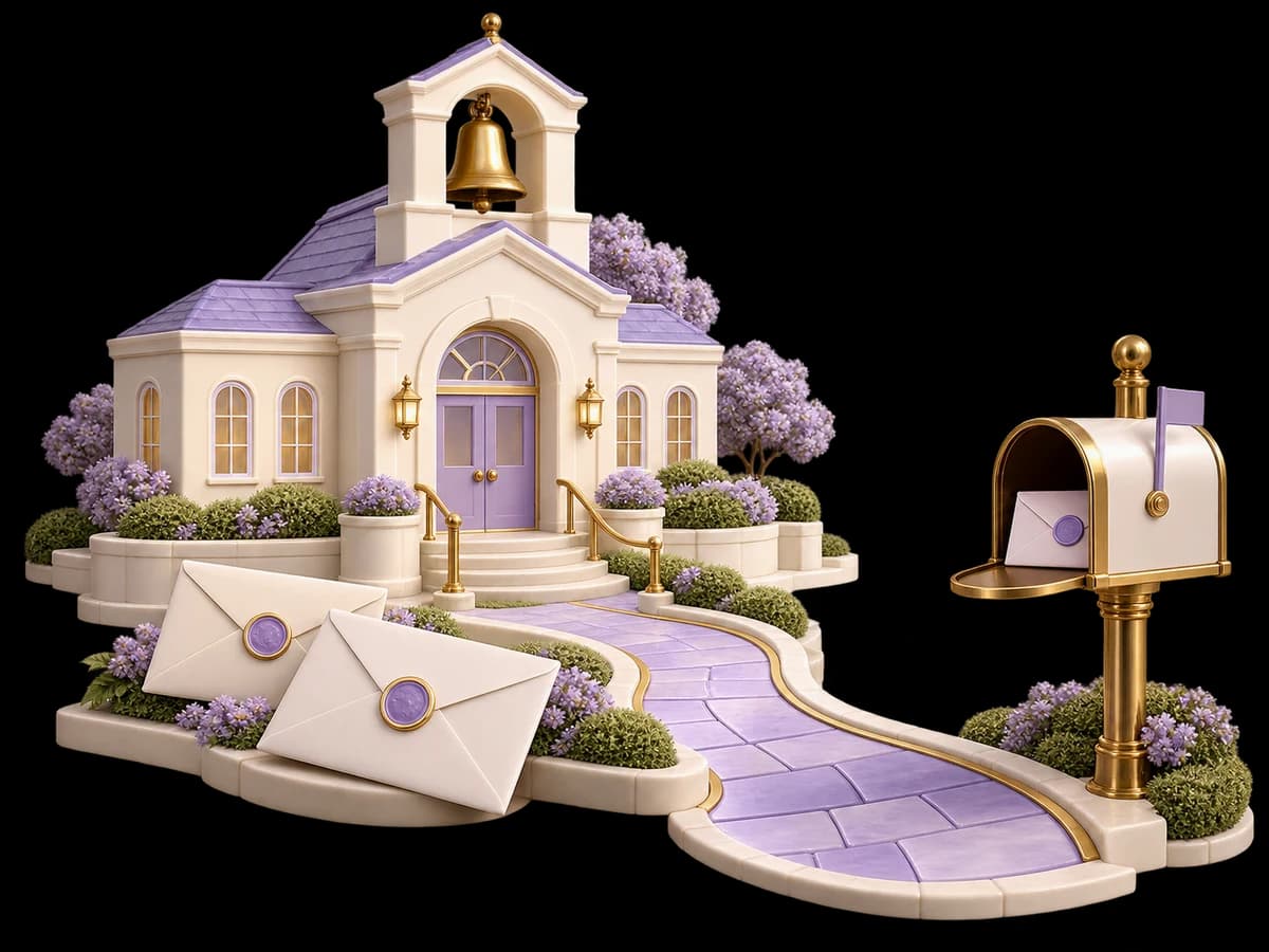 Concept illustration: a small ivory school courtyard miniature, a bell and two sealed parent-notice envelopes, one selected lavender route toward a single family mailbox, no children or people.