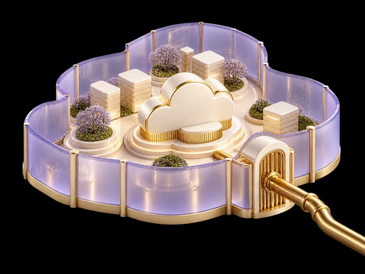 Concept illustration: an architectural ivory cloud infrastructure courtyard inside a frosted lilac glass perimeter, one carefully controlled brass external conduit passes through a single gate, private cloud boundary.