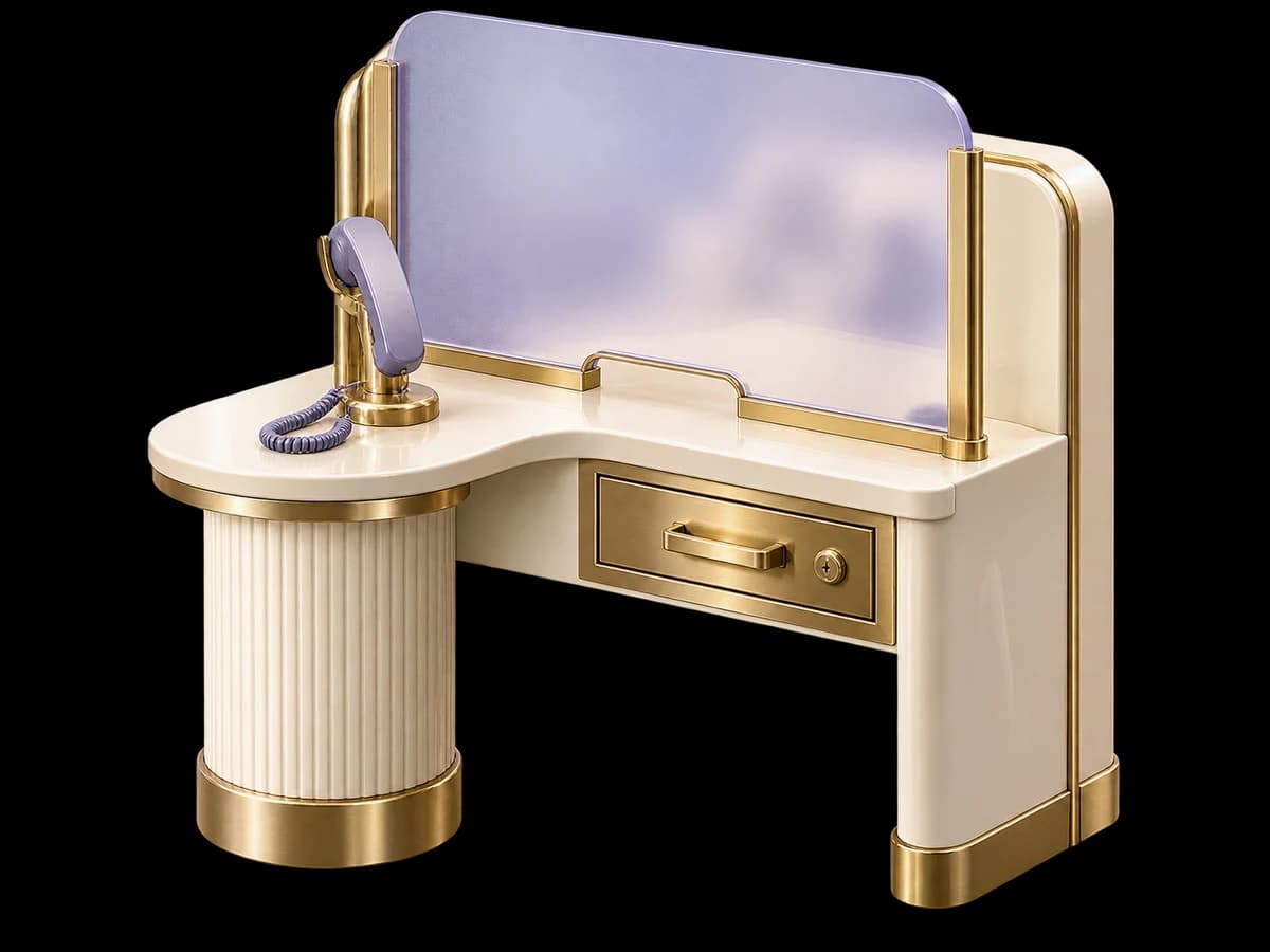 Concept illustration: a small ivory bank-service counter with a sealed brass document drawer and a frosted lavender access screen, a handset on the public side, no money, no banking logos.