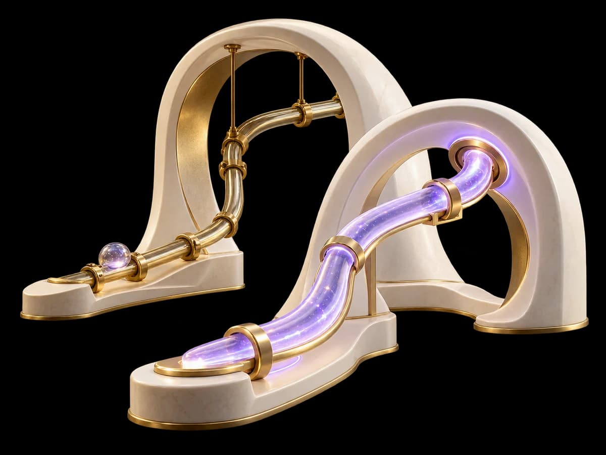 Concept illustration: two distinct ivory carrier arches, one suspended inactive brass path and one active lilac path, a separate tiny glass capsule remains on the old active-session route, failover concept.