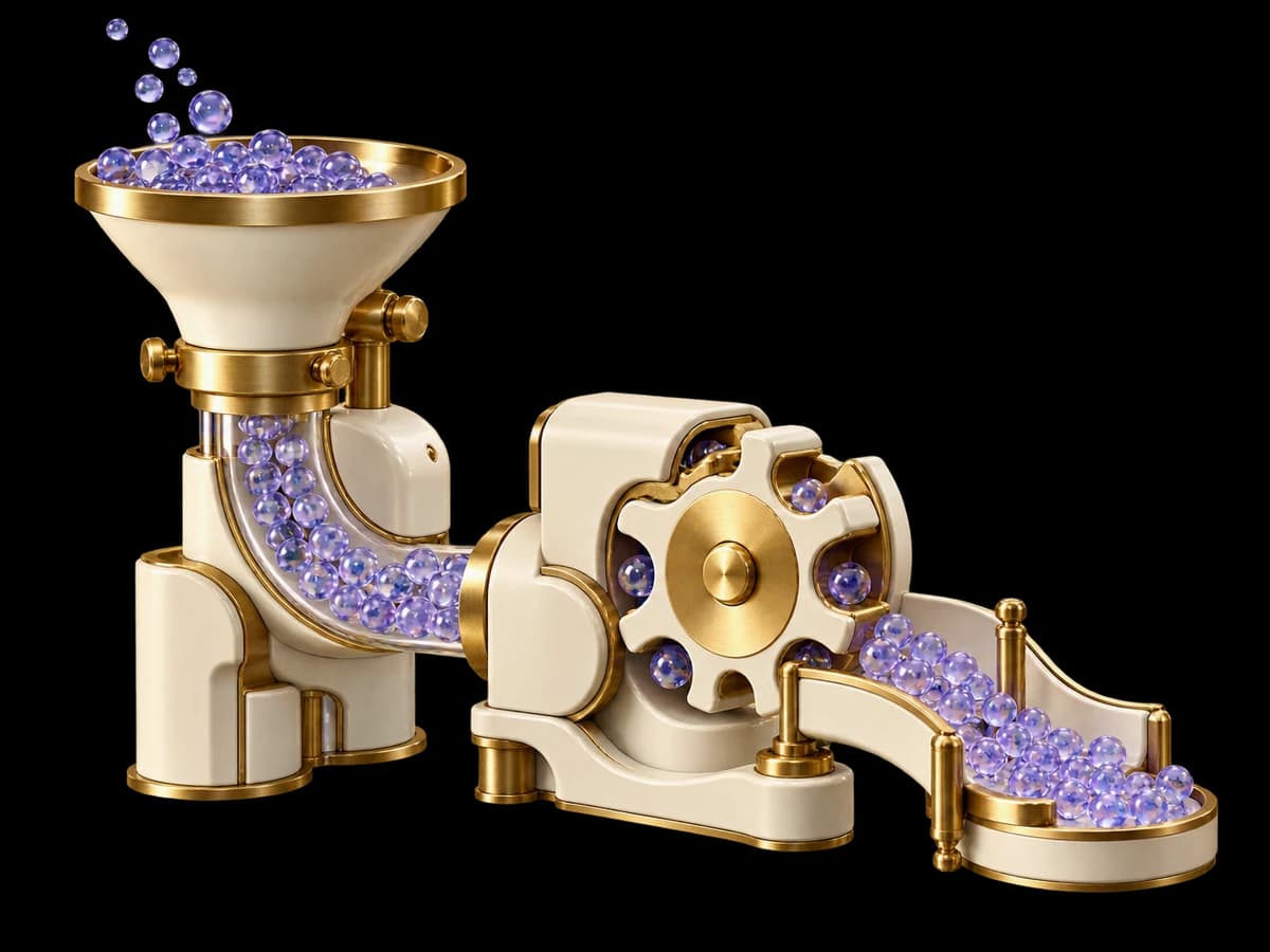 Concept illustration: an ivory modular server sculpture receiving a controlled burst of small lilac glass beads through a brass admission aperture, a downstream tool gear forms a visibly separate constraint.