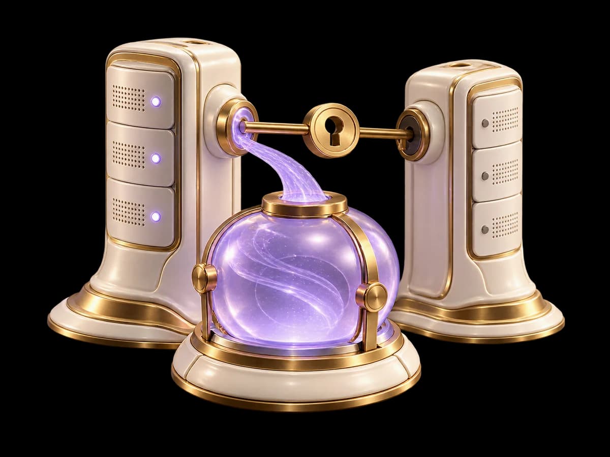 Concept illustration: two ivory server pillars sharing a single brass ownership key above a durable lilac glass task capsule, one pillar resting inactive without duplicating the capsule, high availability concept.