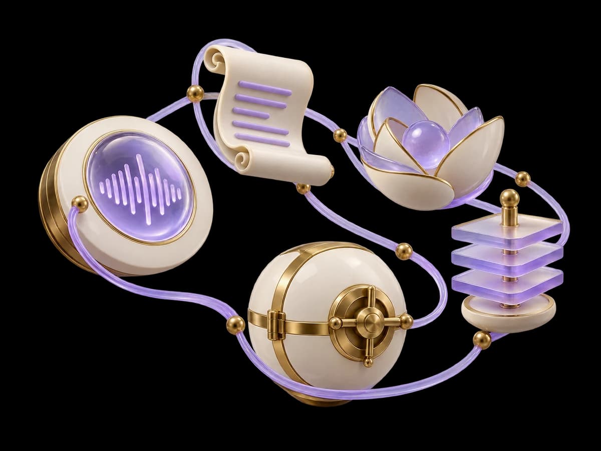 Concept illustration: five distinct ivory data containers for audio, transcript, summary, index and backup represented by different physical forms without labels, thin lilac lifecycle paths and a brass timed-release clasp.