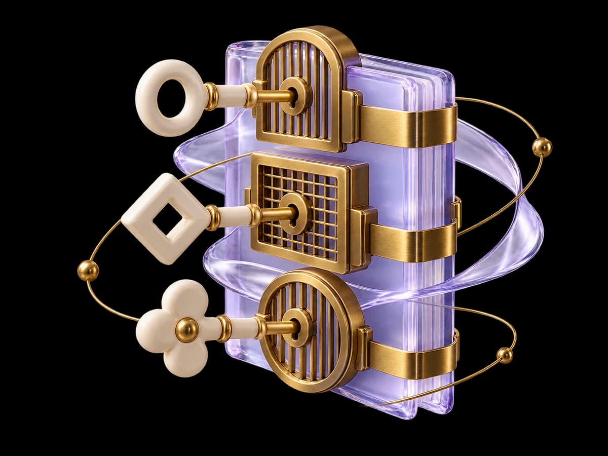 Concept illustration: three ivory access keys with different geometric profiles fitting three separate brass gates around a lilac glass audit ledger, role and action control concept.