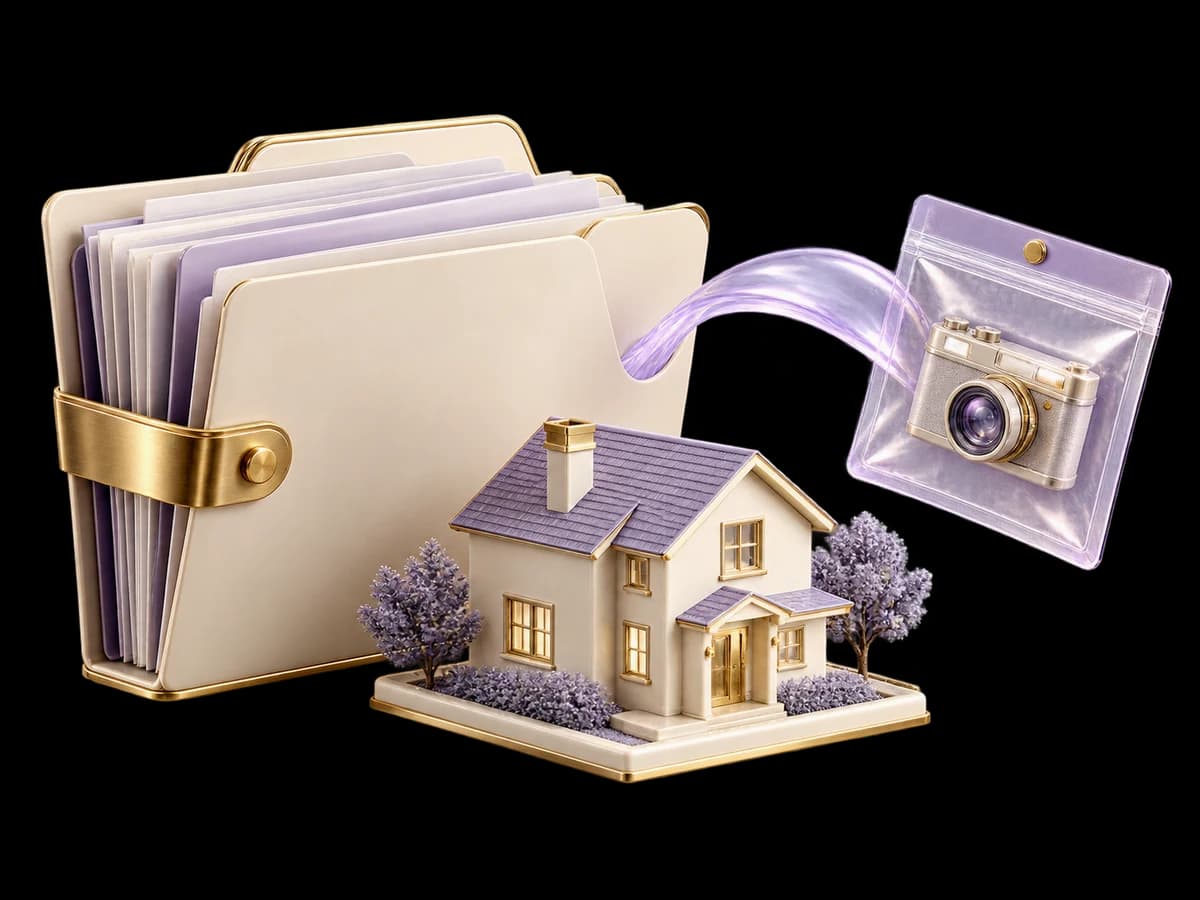 Concept illustration: an ivory claim folder, a miniature undamaged house and a separate transparent evidence sleeve with a small camera sculpture, lilac glass intake route, no approval checkmarks.