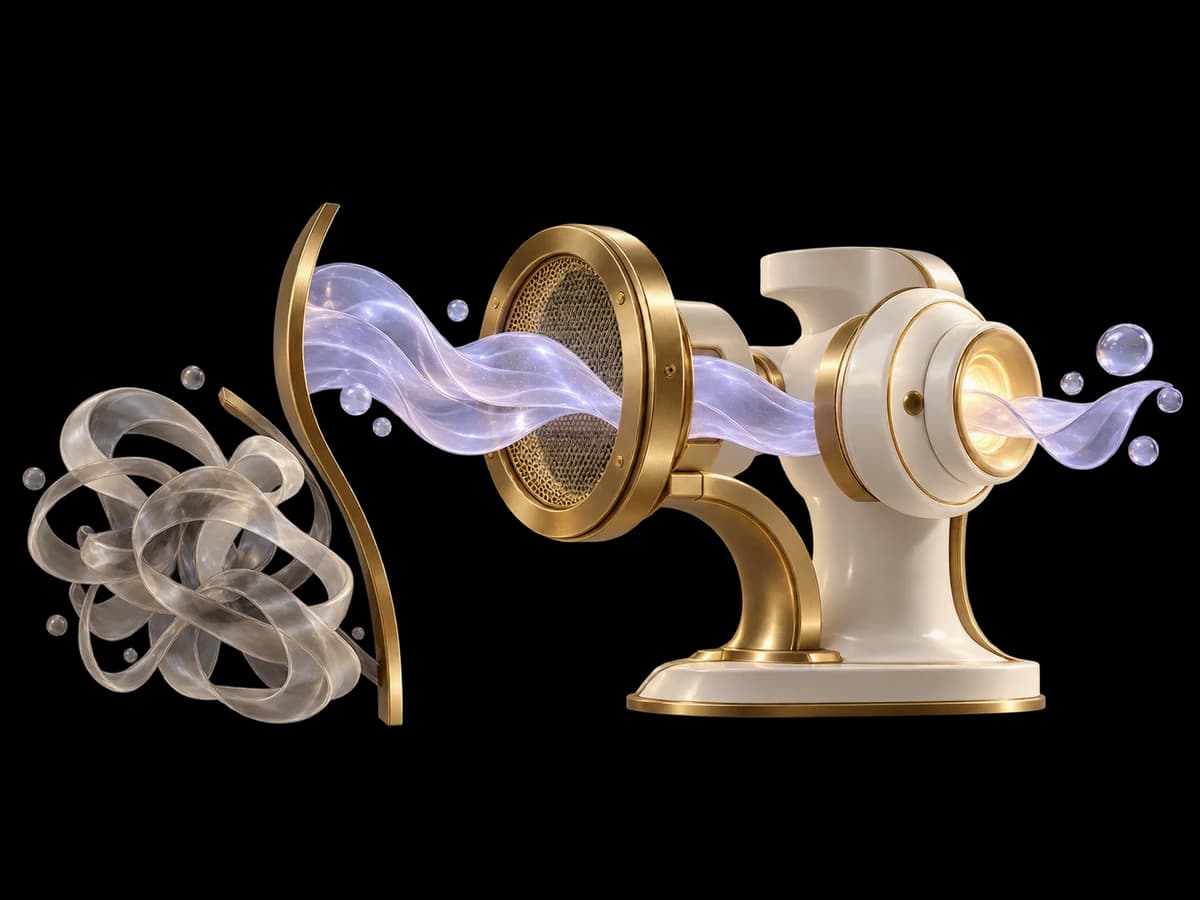 Concept illustration: a translucent lilac speech ribbon encounters a brass authorisation filter before reaching an ivory action mechanism, a separate tangled neutral ribbon stays outside, prompt injection boundary.