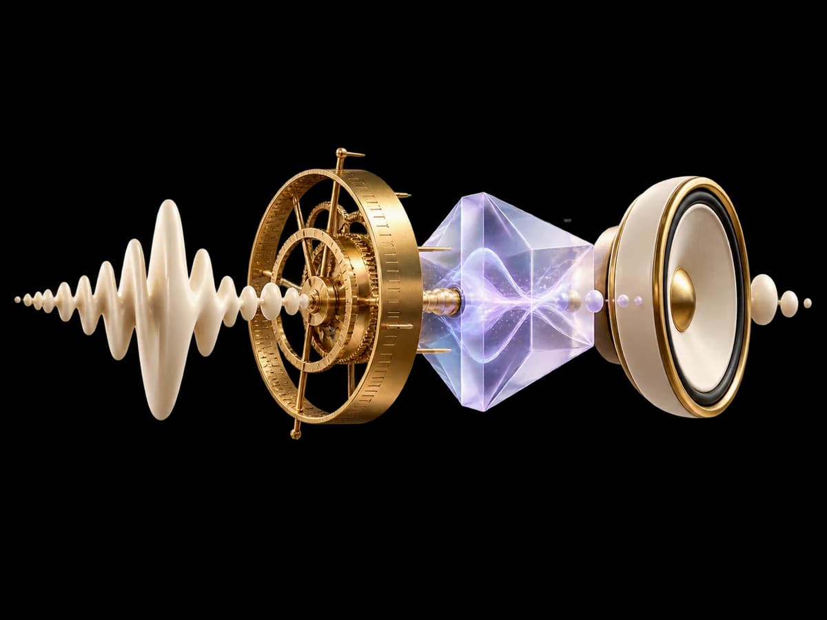 Concept illustration: a sophisticated horizontal exploded assembly of an ivory audio waveform, a brass timing wheel, a lilac inference prism and a final ivory speaker, each stage visibly distinct, audible latency concept.