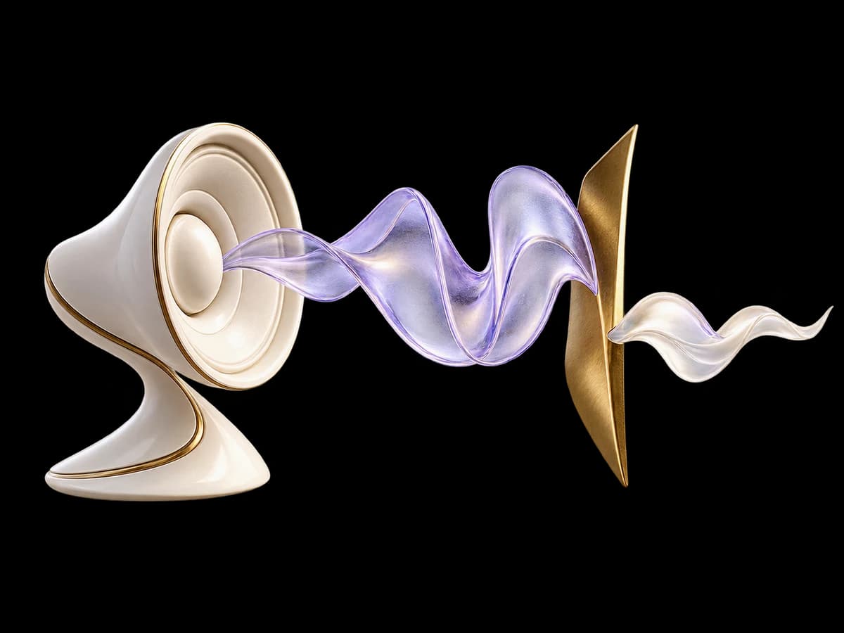 Concept illustration: an ivory speaker sculpture emitting a lilac glass ribbon stopped by a separate decisive brass interruption blade, a fresh smaller ivory correction ribbon continues on a new path, barge-in concept.
