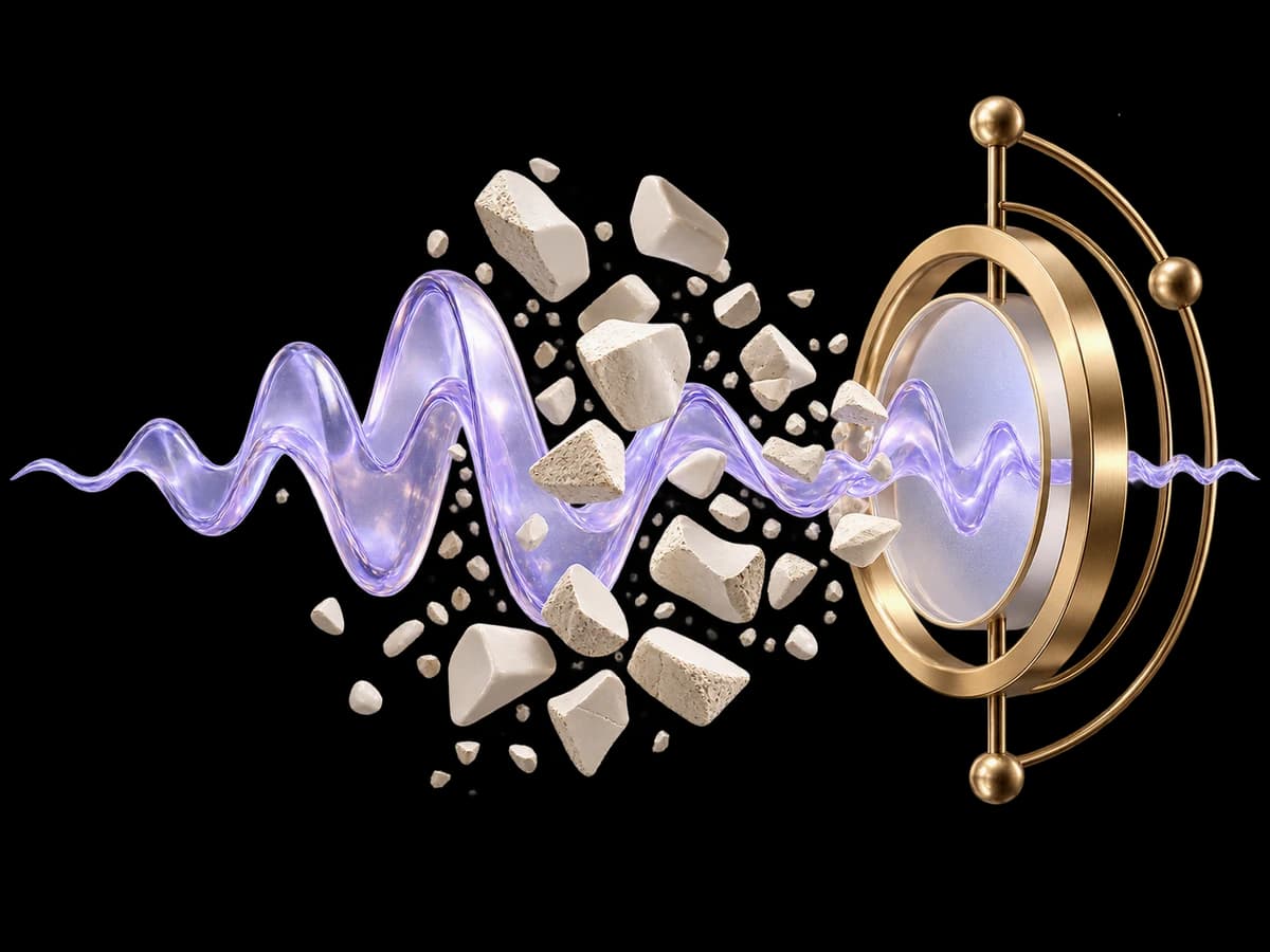 Concept illustration: one clean lilac glass waveform passing through a scattered field of small textured ivory noise fragments toward a brass precision frame, paired audio resilience concept.