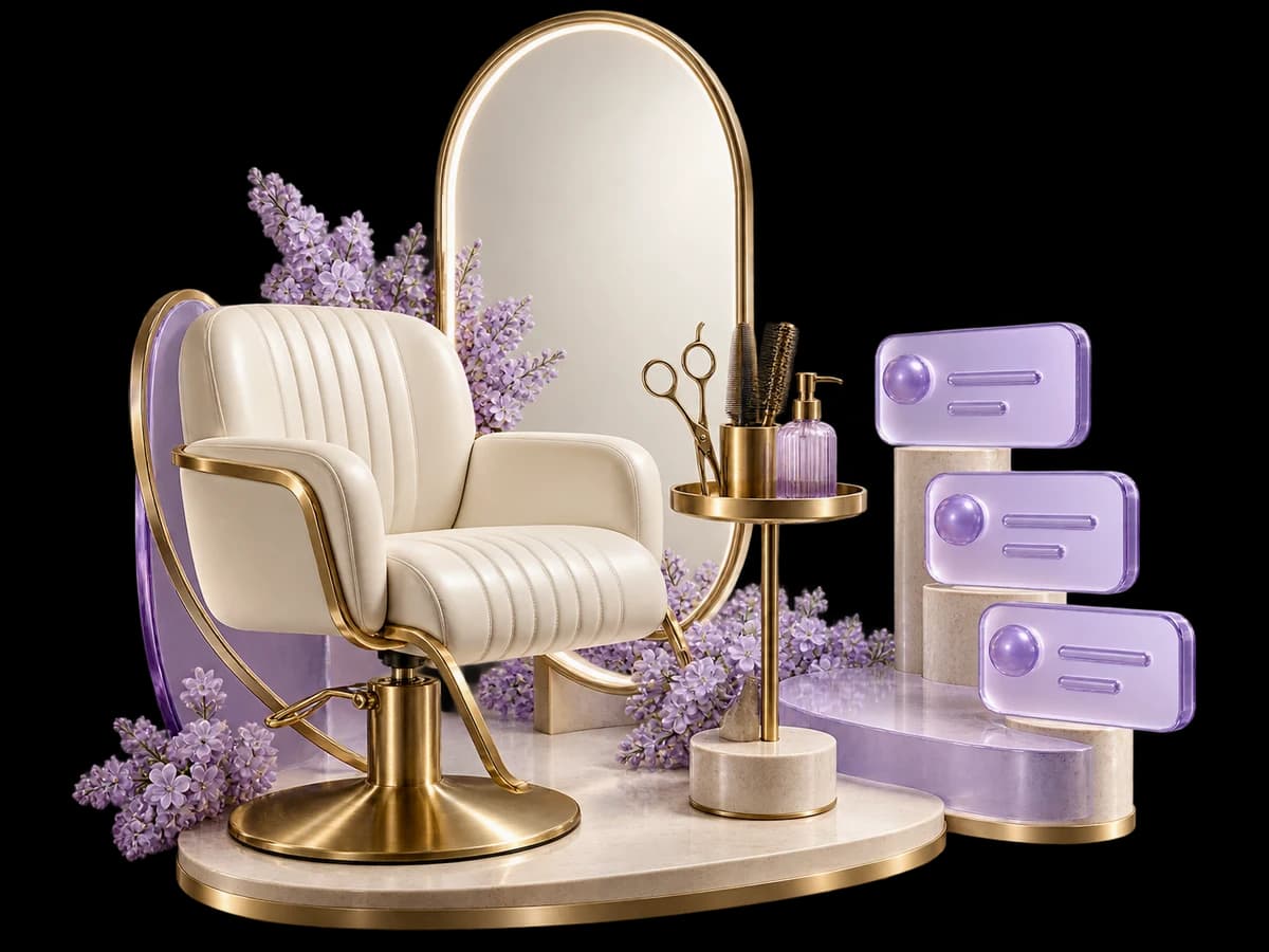 Concept illustration: a premium ivory salon chair, brass scissors safely resting on a tray, an elegant oval mirror and three different lilac glass booking slots, architectural editorial still life.