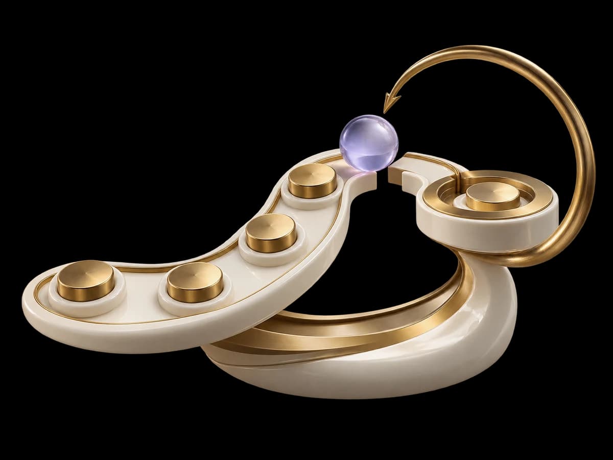 Concept illustration: an ivory transaction mechanism with four physical detents, a lilac glass action capsule pauses at an uncertain gap before a brass reconciliation loop returns it to a confirmed track.