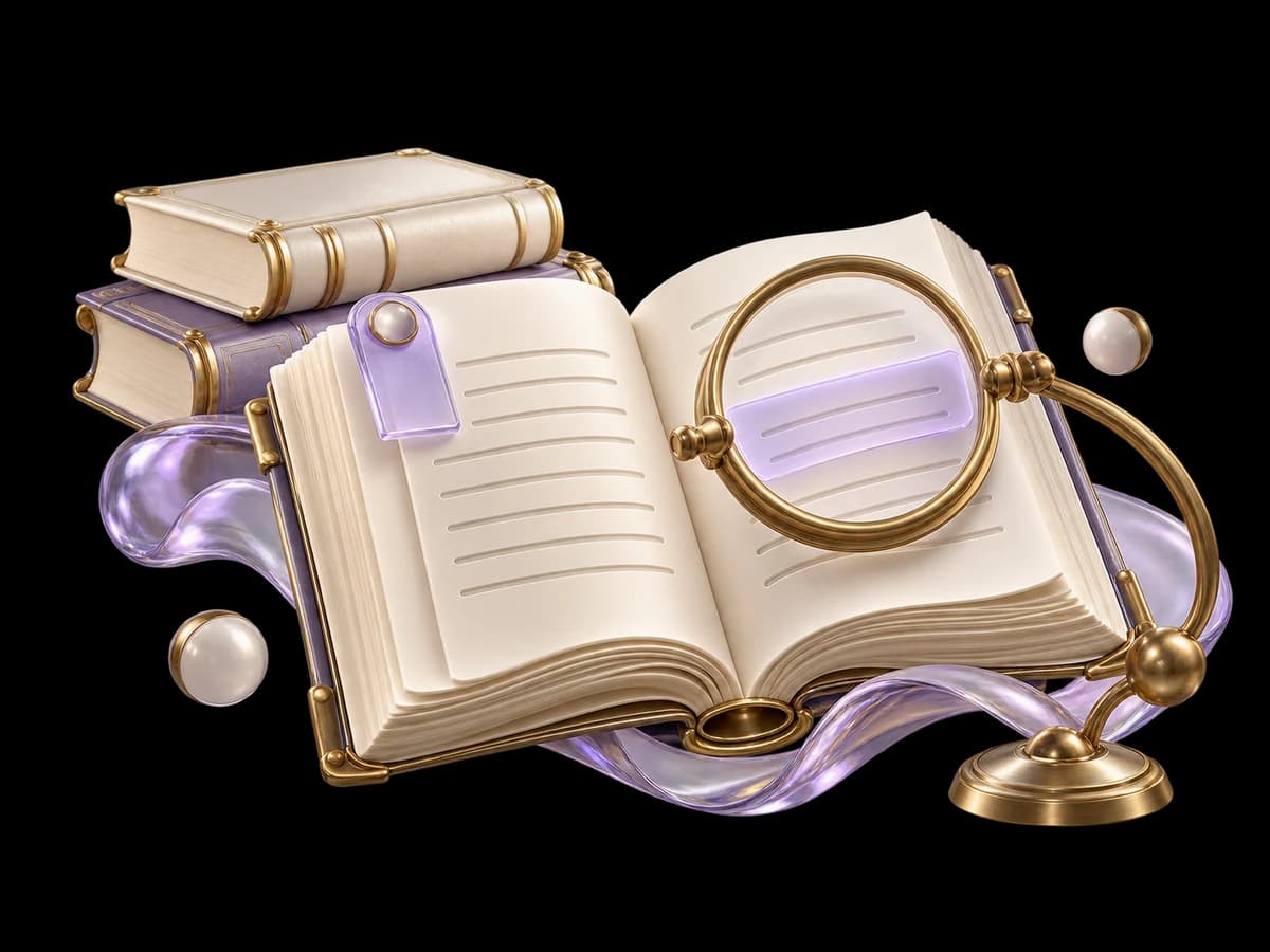 Concept illustration: an ivory open reference book with blank page lines and one approved lilac glass source tab, a brass scope frame selects one passage while older closed books remain outside.