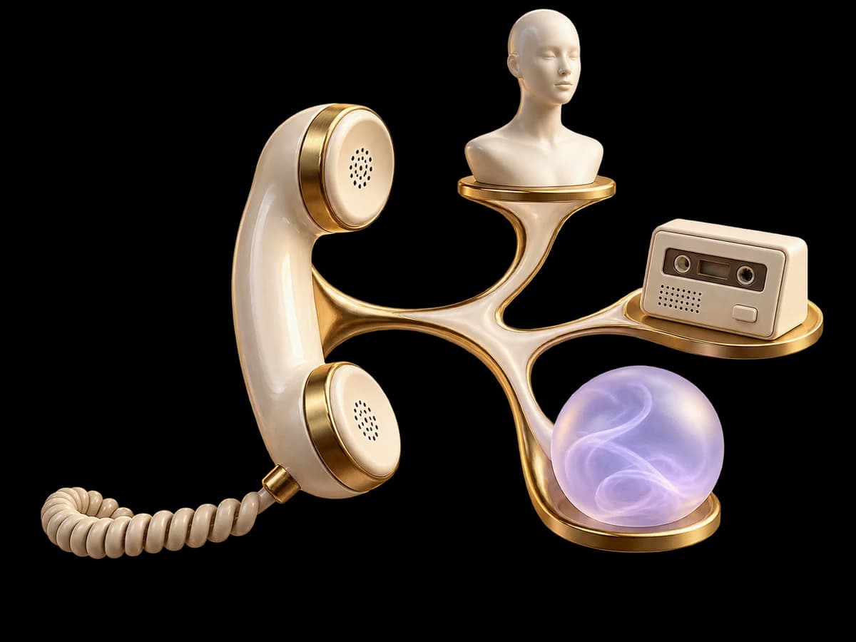 Concept illustration: an ivory telephone receiver at a sculptural three-way fork toward a human-shaped neutral bust, a small answering-machine cassette form and a frosted lilac uncertainty orb, no text.